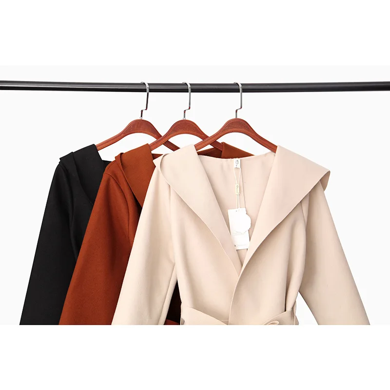 

Autumn and Winter Women's New Long Section of The Waist Hooded Long-sleeved Woolen Coat Female