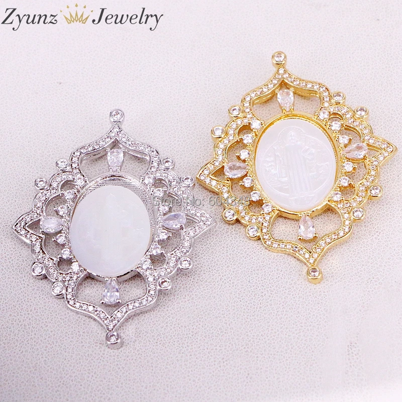 5 нитей ZYZ323 8697 CZ micro Pave Oval Mary Jesus MOP shell Focal ожерелье Белый Золотой/Серебряный цвет