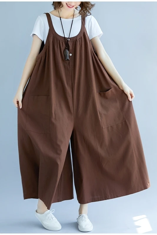 

Women Suspenders Rompers Womens Jumpsuit Sleeveless linen Summer Overalls Fashion Wide Leg Pants Female Trousers Plus Size A9217
