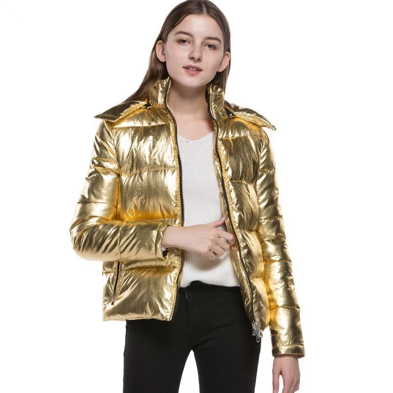 Female Laser Metallic gold color Jacket Women bread style Luxury shiny Windbreaker Hooded coat Thick Cotton Padded Outwear A9056 | Женская
