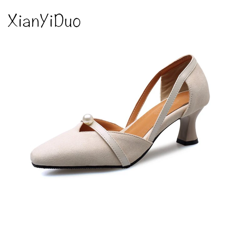 Xianyiduo/Новинка лета 2019 женские босоножки из флока на высоком каблуке с жемчужным