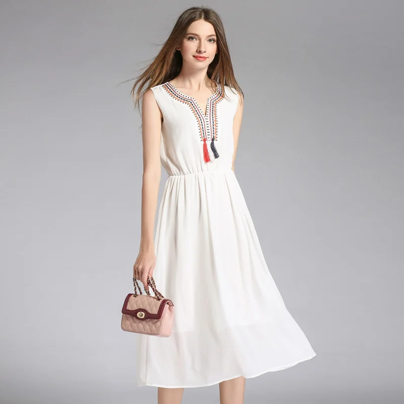 Willstage 2019 summer White chiffon dress Women Bohemian beach Wear seaside resort boho Sleeveless Tassel patchwork | Женская одежда