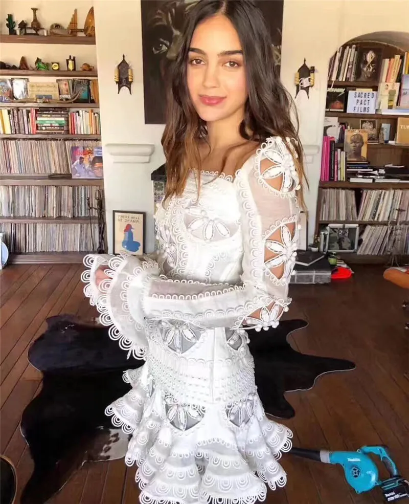 2019 Spring Designer Dress Women's Long Sleeve Flower Square Collar Cute Princess Appliques Embroidery Cutout Clothes | Женская