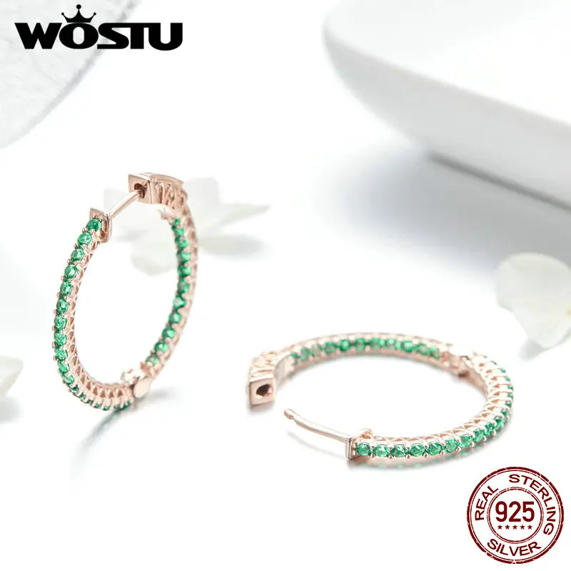 WOSTU Роскошные брендовые 925 пробы серебряные круглые зеленые серьги для женщин модные серьги обруча CZ женские ювелирные изделия вечерние подарок CQE511