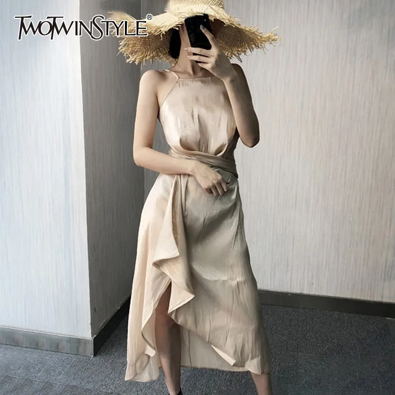 TWOTWINSTYLE Элегантный рукавов женское платье ремень высокая Талия Повязки