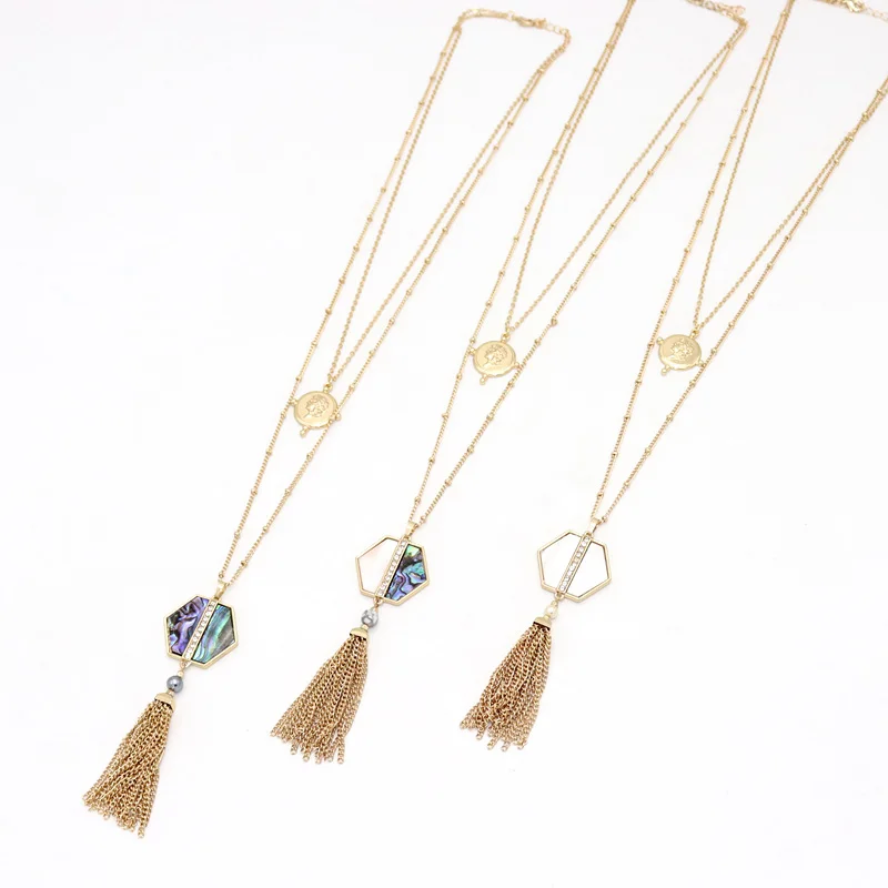 Fashion Square Hexagon Abalone Shell Pendant Metal Tassels Long Chain Sweater Necklace Geometric Body Jewelry | Украшения и