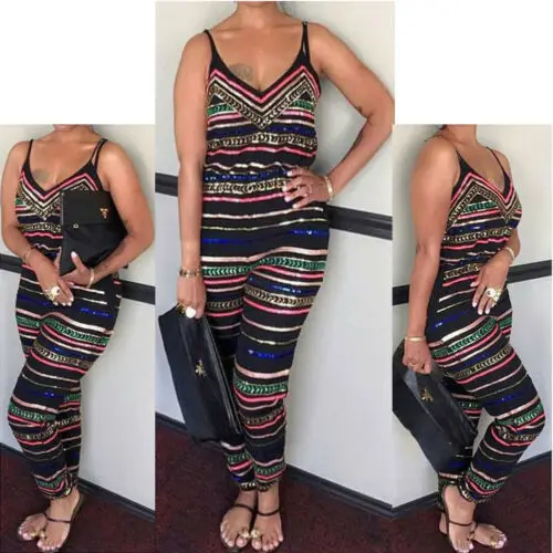 

Hot Women Ladies Stripe Boho Bodycon Loose Sleeveless Jumpsuit V-neck Romper Trousers Clubwear Party S-3XL