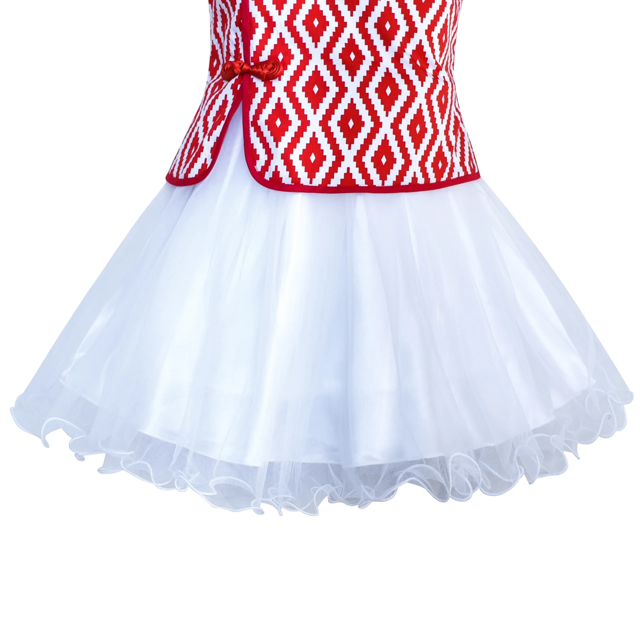Sunny Fashion платья для девочек платье 2-в-1 красный Плед Белый воротничок Тюль 2020 Лето