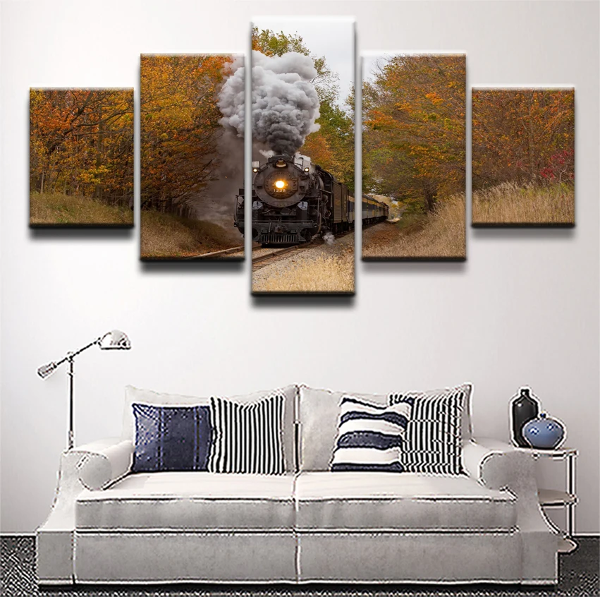 5 Panel Canvas Printed Fall Railways Train Poster Home Decor For Living Room Modular Picture Wall Art Painting Modern Artwork | Дом и сад