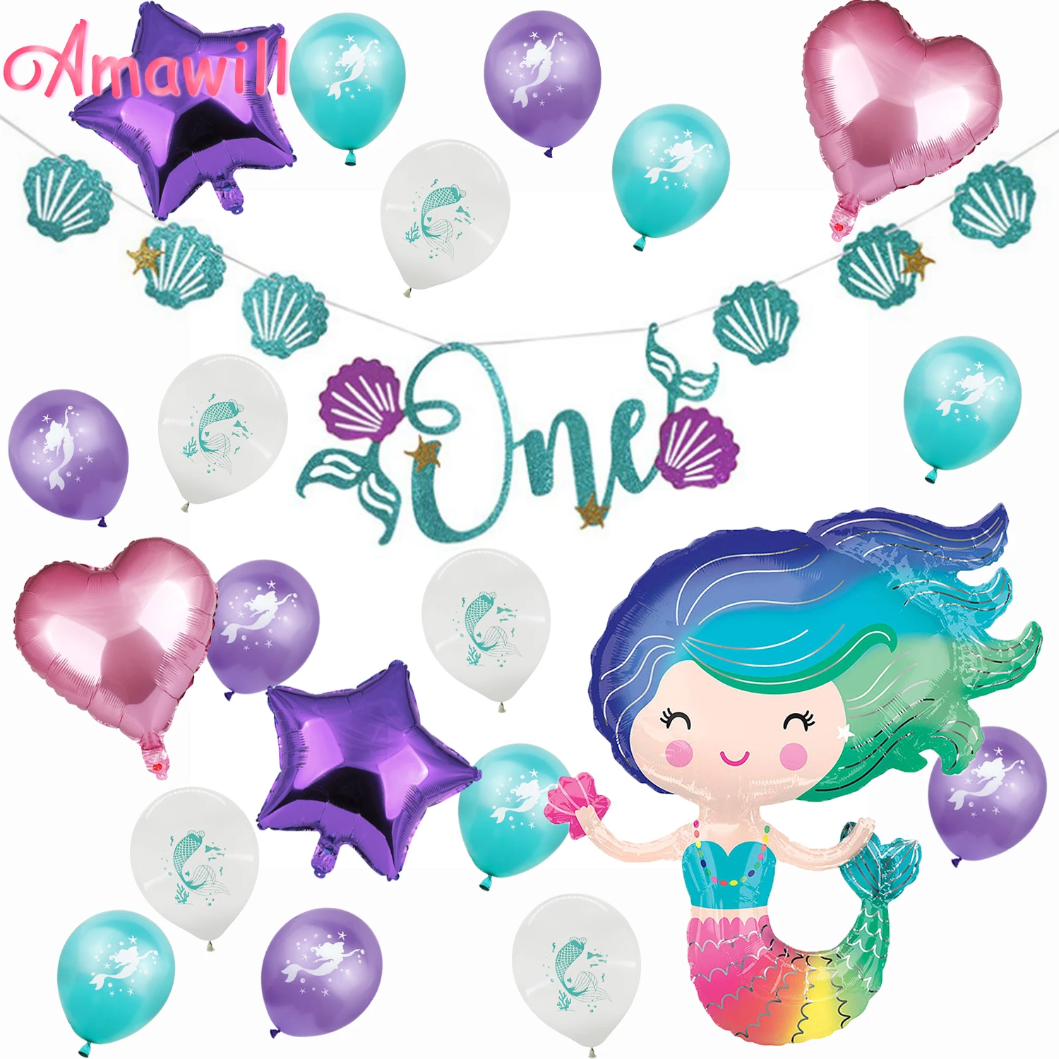 

Amawill Mermaid Party Decoration 1st Baby Girl Birthday One Banner Mermaid Printed Latex Balloons Perfect For Kids Birthday 75D