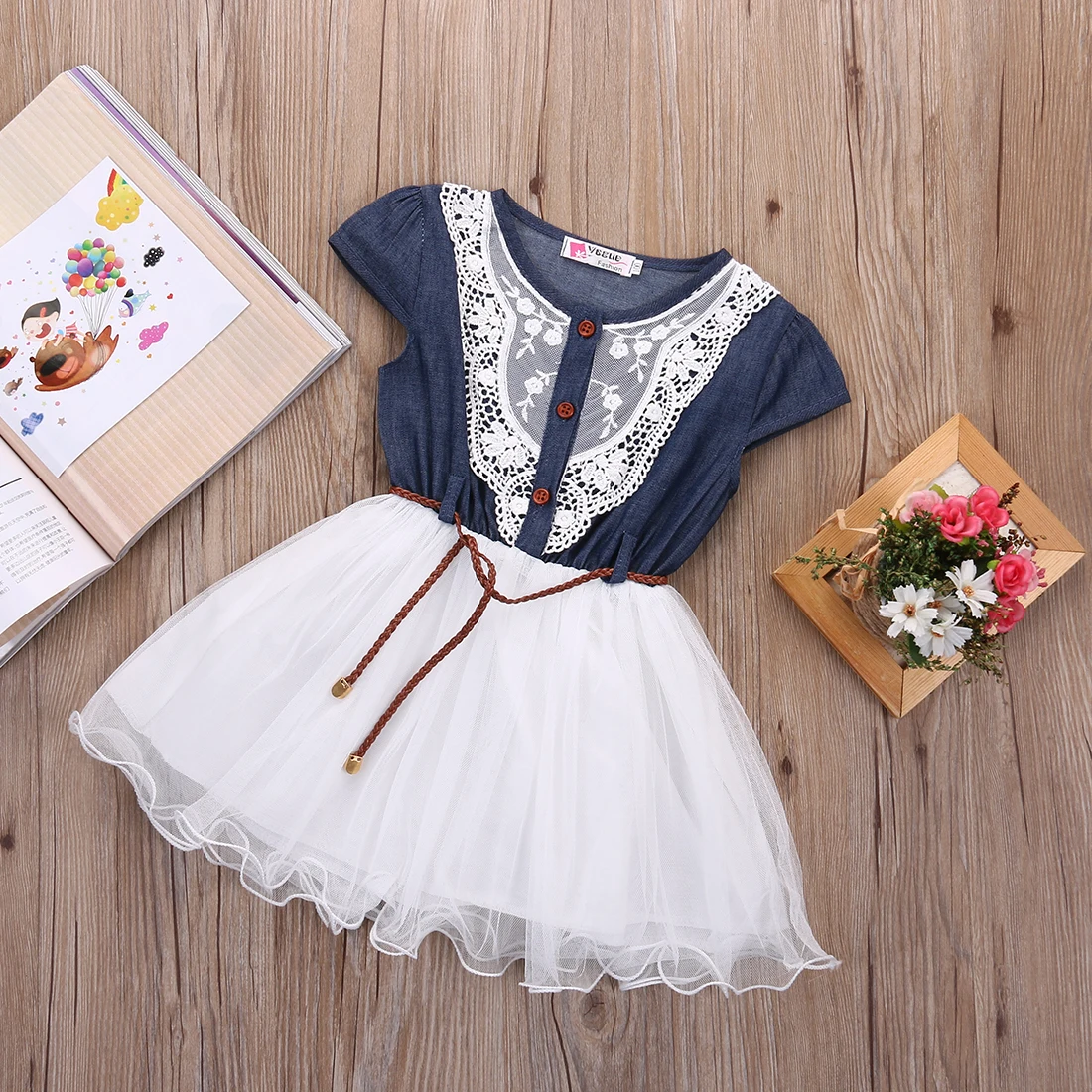 Pudcoco Girl Dress 1Y-6Y Unico Principessa Bambine Festa Bambini Pizzo Cintura Denim Tulle | Детская одежда и обувь