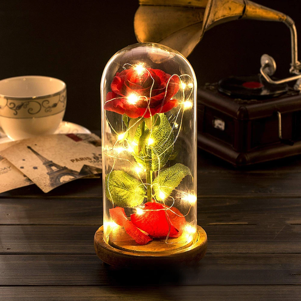 

Party Wedding Decoration Silk Red Rose Rose With Led Light Wooden Base For Home Valentine'S Day Present Gift Decoration Mariage