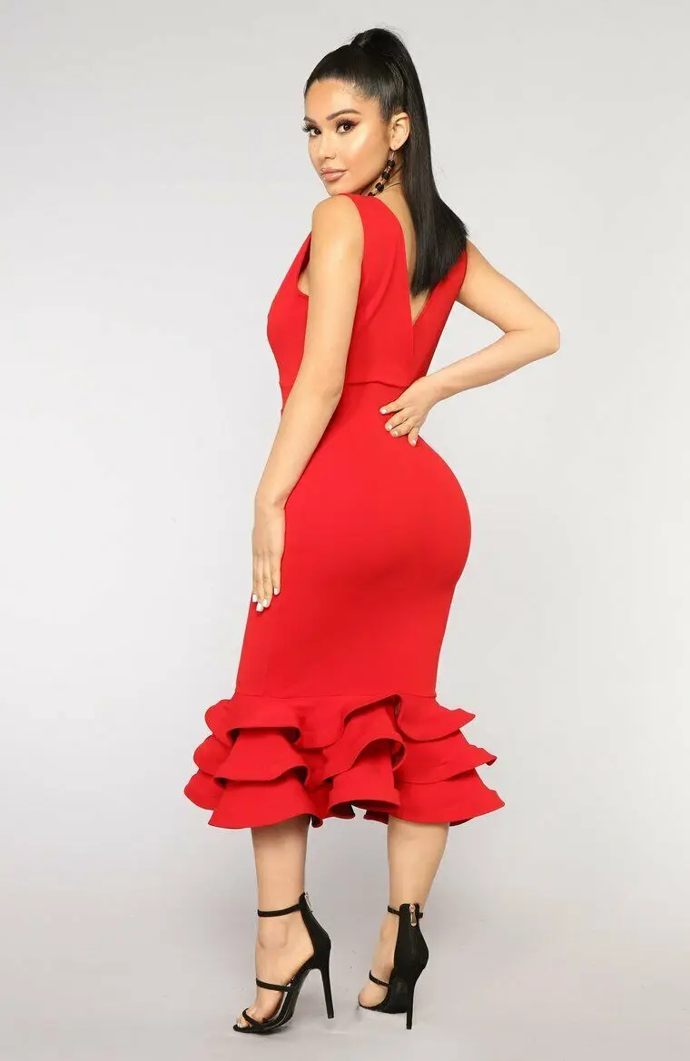 Sexy Women Off Shoulder Sleeveless V Neck Ruffle Dress Bodycon Evening Prom Gowns Midi Party Fishtail 2019 New Arrival | Женская одежда