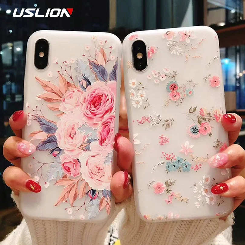 Чехол USLION с цветком камелии для iPhone XS MAX XR X 8 Plus чехлы объемным рельефным цветочным