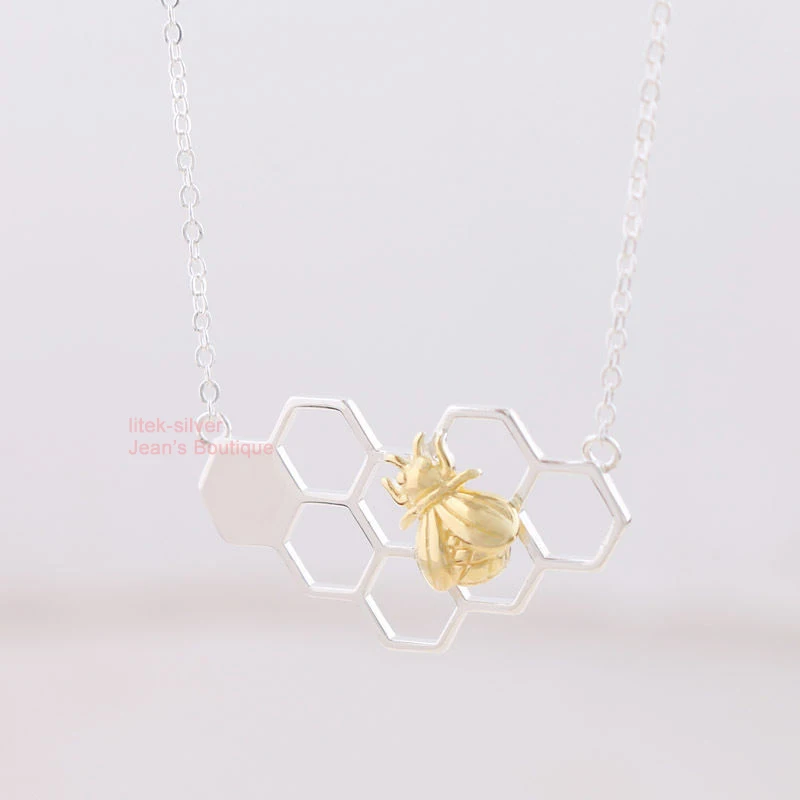 S92-5 Sterling SIL Fashion Jewelry Honeycomb Golden Bee Honeybee Insect Pendant Necklace A2712 | Украшения и аксессуары
