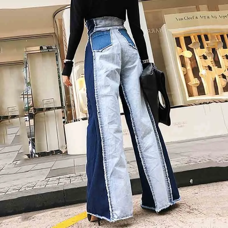SeeBeautiful New Fashion 2020 Autumn Hit Color Jeans Splice Super High Waist Trousers Button Wide Leg Denim Pants Women Y805
