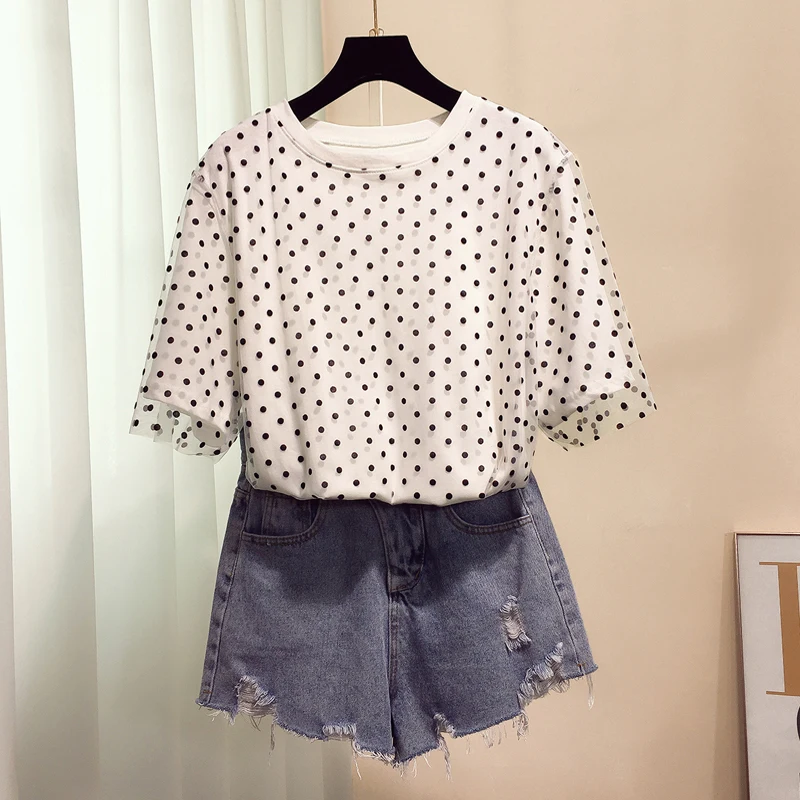 Женская футболка с круглым вырезом Tumblr Rushed Kpop свободная Сетчатая в горошек