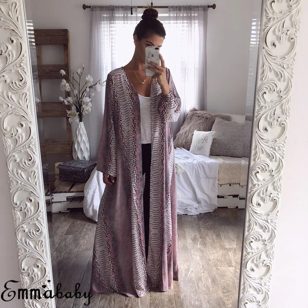 2019 женские с длинным рукавом змея шифон кардиган Boho Верхняя одежда Куртка Пальто