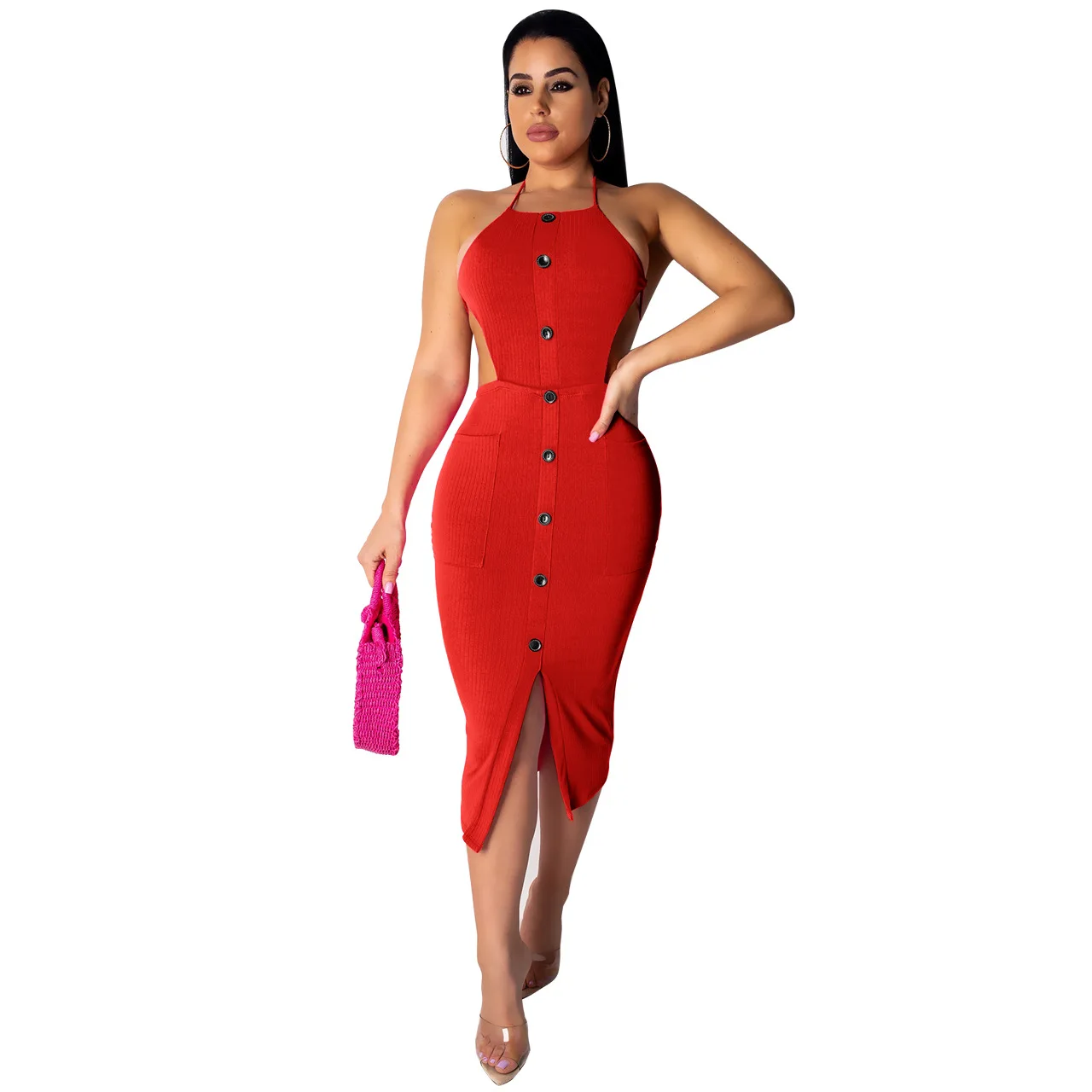 Женское платье на пуговицах однотонное сексуальное с открытой спиной в