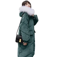 big fur collar green corduroy down cotton coat winter jacket women fashion loose plus size thickening padded female parka ls099