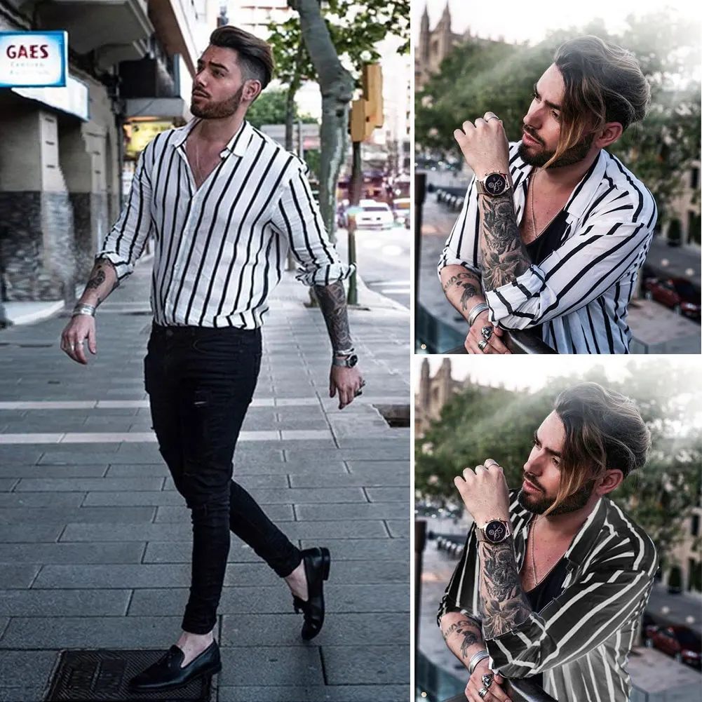 Рубашки стильные приталенные Модные мужские летние хлопковые льняные полосатые