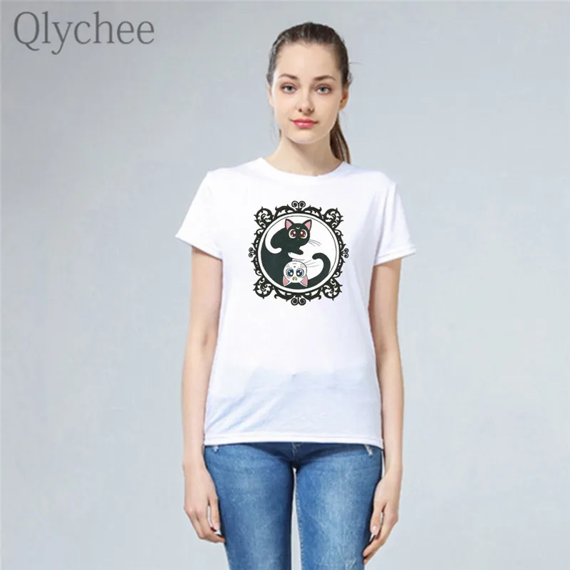 Qlychee Harajuku аниме Сейлор Мун кошка печать Женская белая футболка вырез лодочкой
