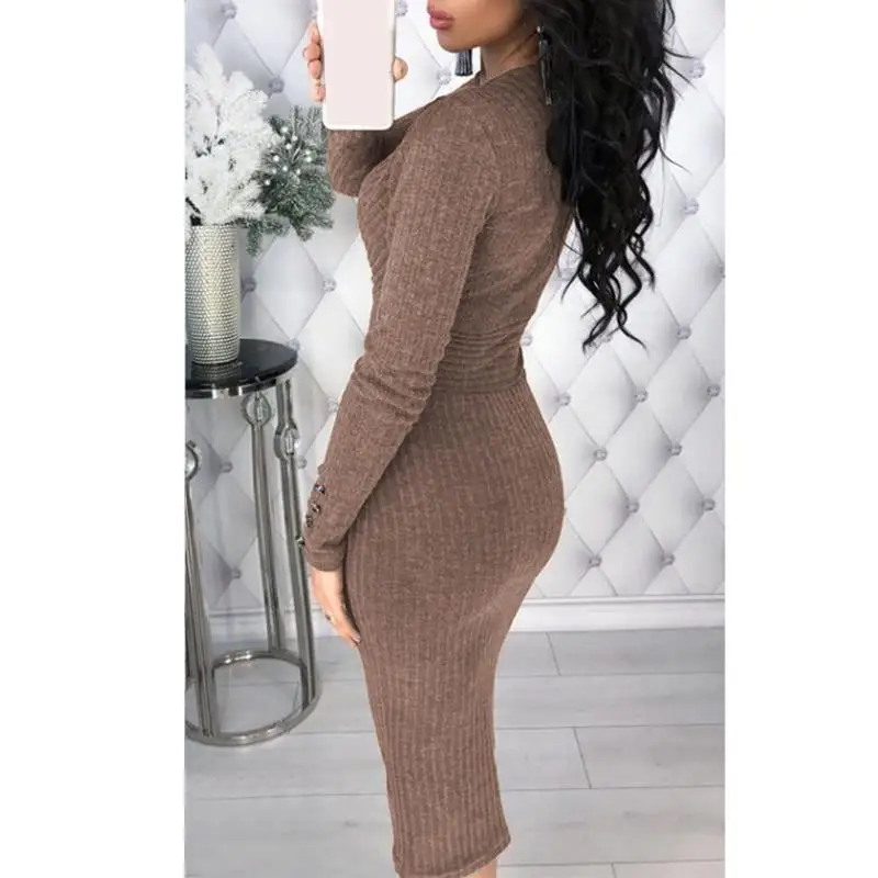 Осень-зима платье Новая мода v-образным вырезом элегантные Bodycon платья Для женщин