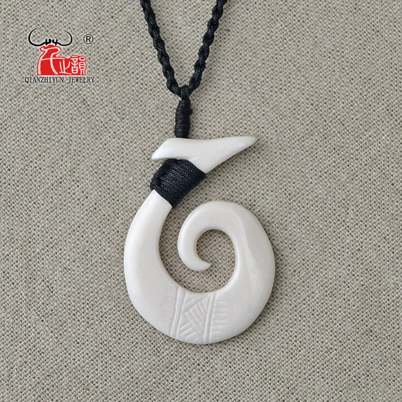 

GX049 New Zealand Maori Primitive tribes jewelry handmade-carved Fish Hook Choker yak bone pendant necklace for surfing