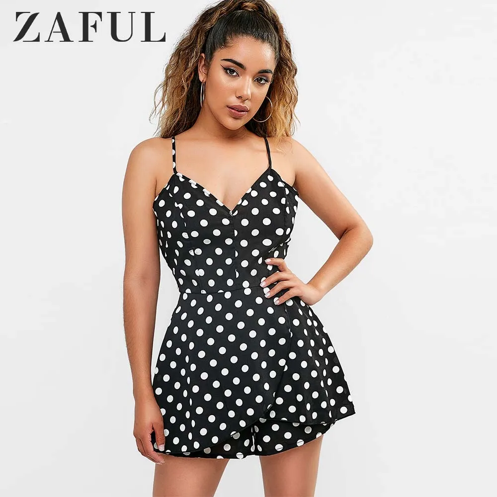 ZAFUL комбинезон в горошек с фронтальной накладкой v образным вырезом летние