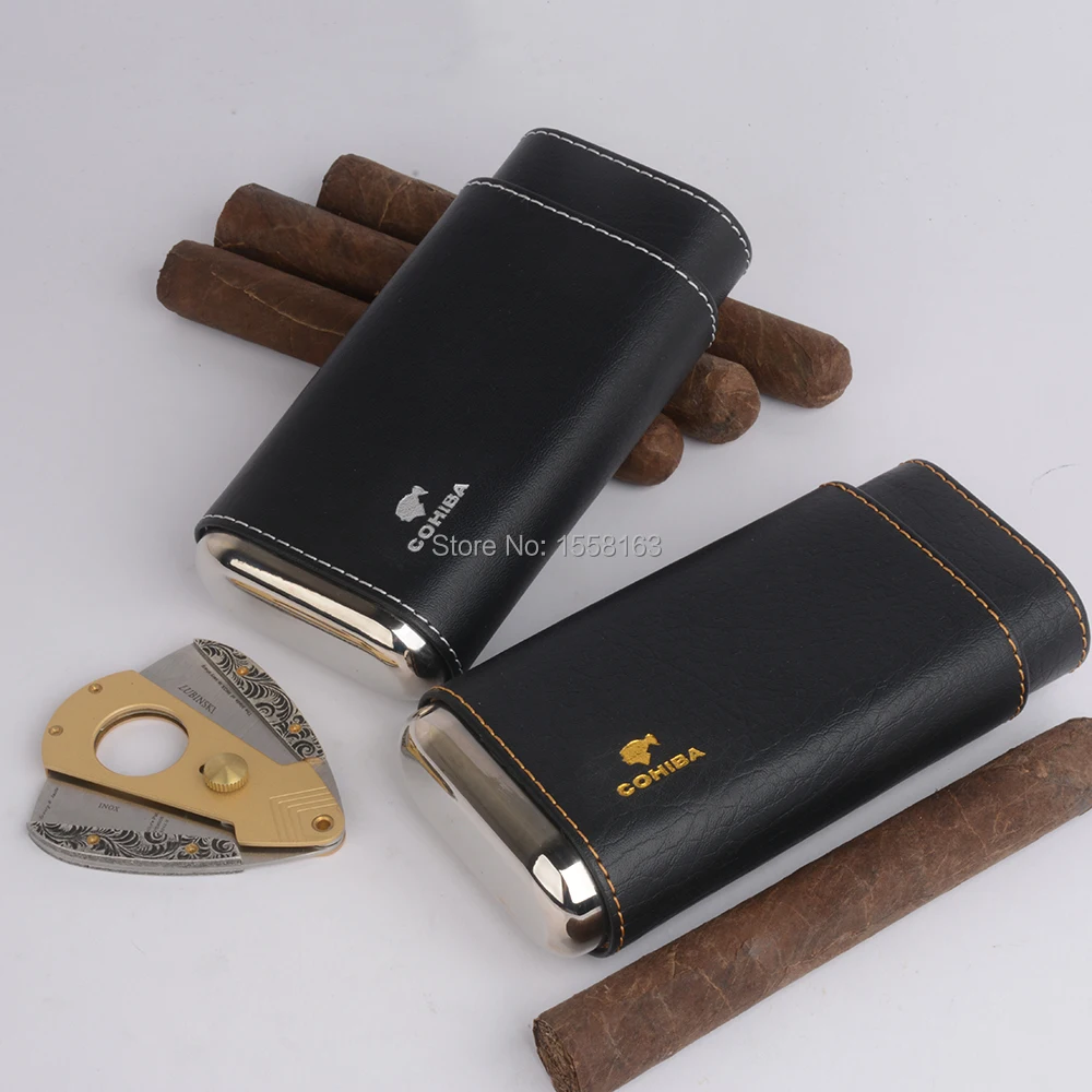Кожаный чехол COHIBA с подкладкой из кедра 3 пальцами и серебристыми