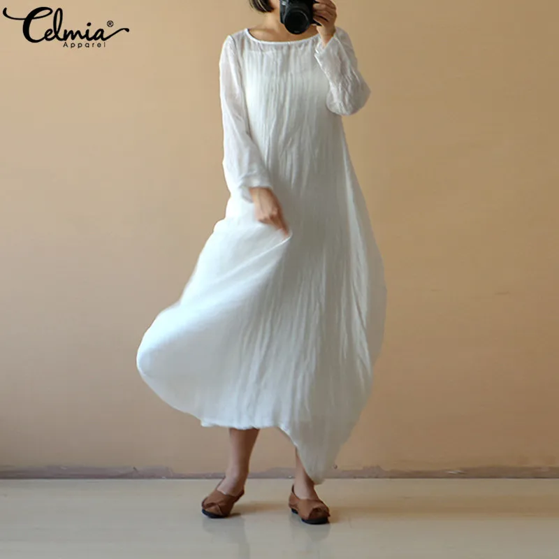 Фото Женское льняное платье Celmia повседневное Макси-платье в стиле ретро с круглым