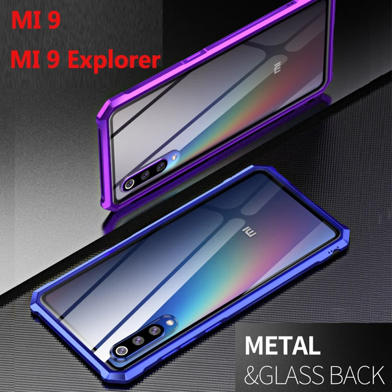 Xiaomi Mi 9 M9 Bumper Mi9 Explorer Cases Glitter Aluminum Metal Frame with Clear Tempered Glass Back Cover for |