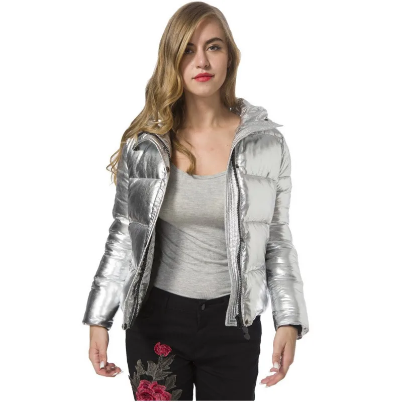 

Silver metal bread style jackets Women Short shiny coat Thick Cotton Padded Outwear coats Hooded Metallic Windbreaker Tops A9055