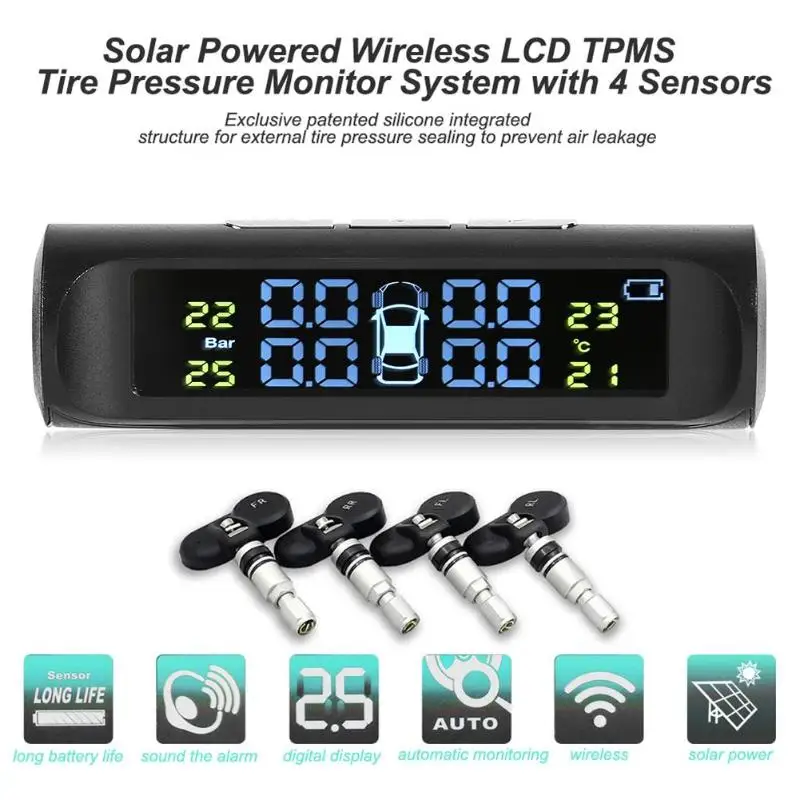 4 датчика умная Автомобильная TPMS система контроля давления в шинах Солнечная