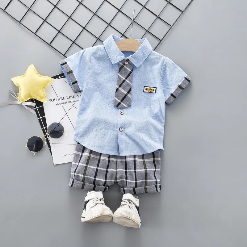 Kids Fashion Clothing Summer Children Boys Grils Cotton Clothes 2020 Plaid Tie Shirt Pants 2Pcs/Sets Toddler Gentleman Tracksuit | Мать и