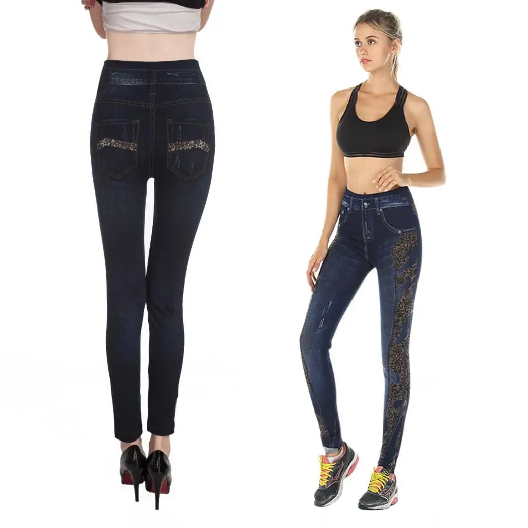 Женская Повседневная Высокая талия полная длина карман Леопард темно-синий