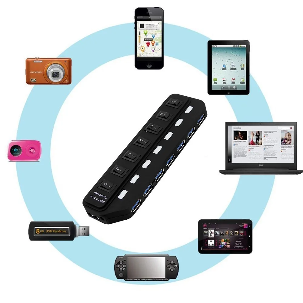 Высокоскоростной 7 портовый USB3.0 концентратор CHUYI с адаптером питания AU/UK/EU/US
