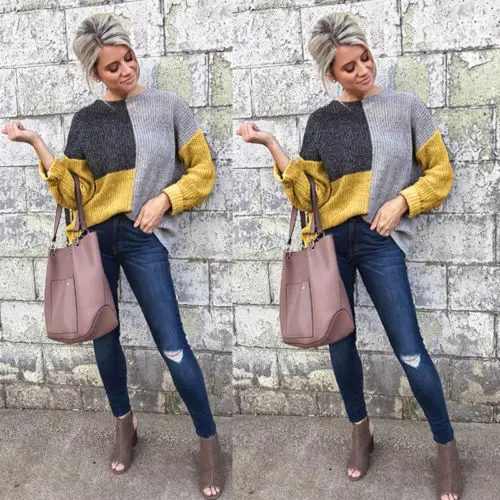 Fashion Womens Contrast Color Sweaters 2018 New Winter Long Sleeve Baggy Ladies Pullover Top Knitted Oversized Sweater S-XL | Женская