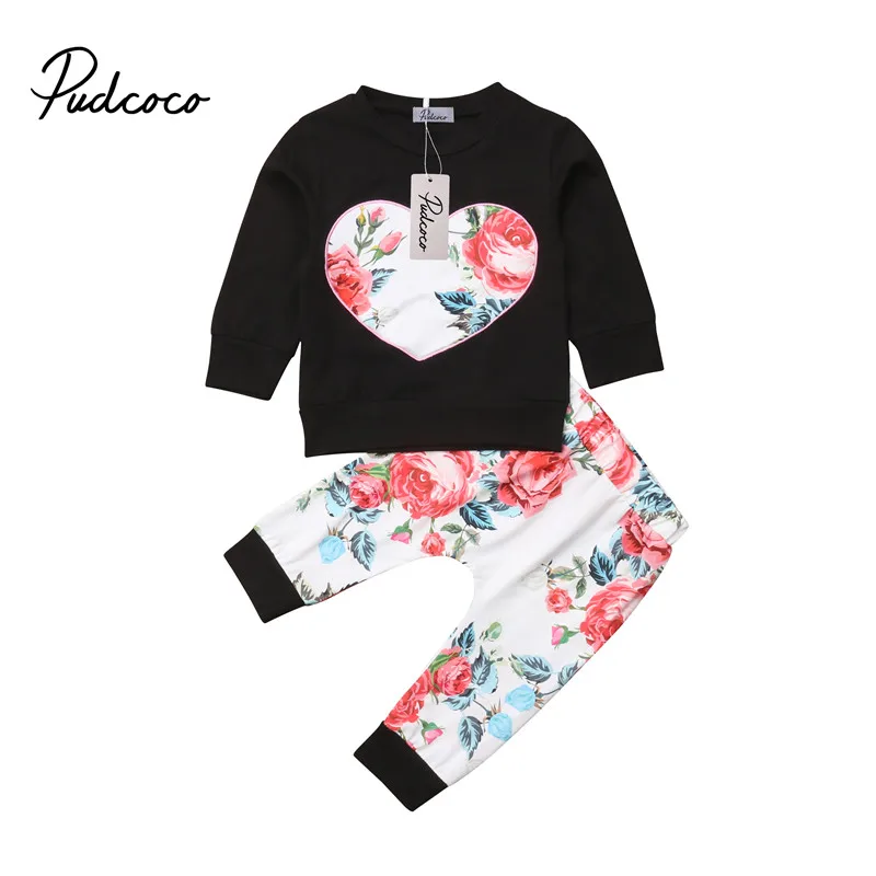 Fashion autumn Baby Girl Clothes set heart print T-shirt Top Pants Outfit Infant girls cotton clothing Sets Tracksuit | Детская одежда