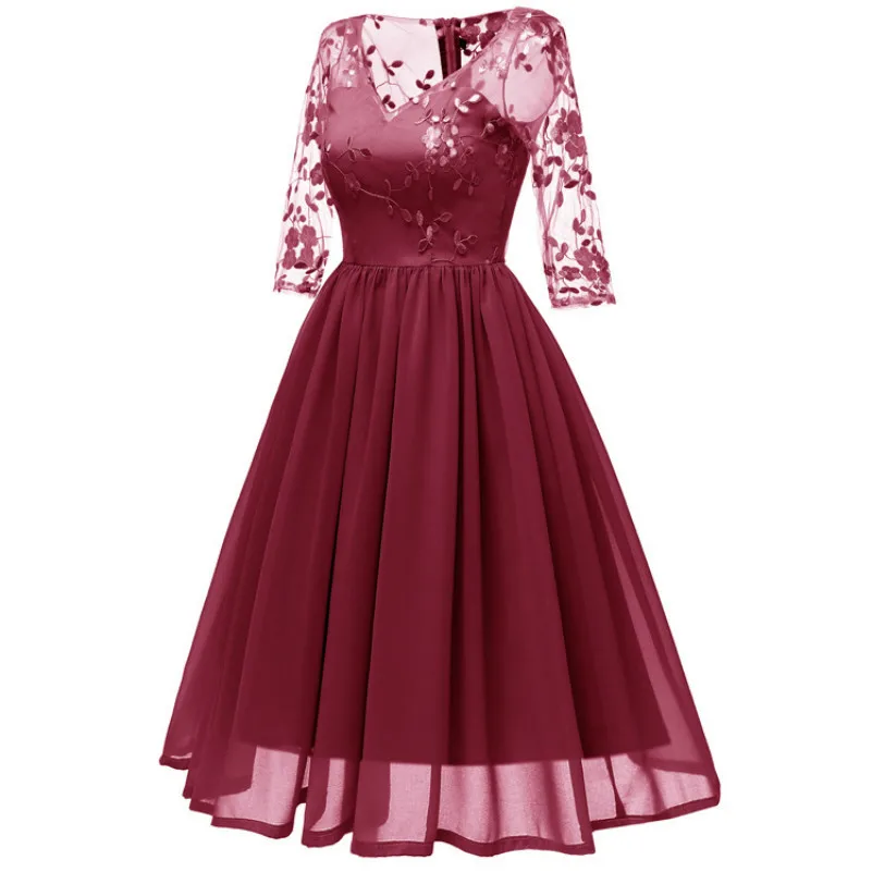 MUXU Красное Кружевное шифоновое винтажное платье с вышивкой vestidos Женская одежда