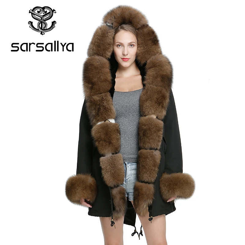 SARSALLYA Для женщин Мода Куртка парка с натуральным лисьим мехом пальто теплое