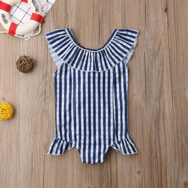 Цельный купальный костюм в полоску с воротником для маленьких девочек