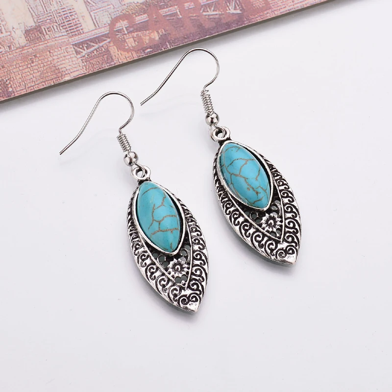 Винтажные богемные этнические бирюзовые висячие серьги в стиле бохо с