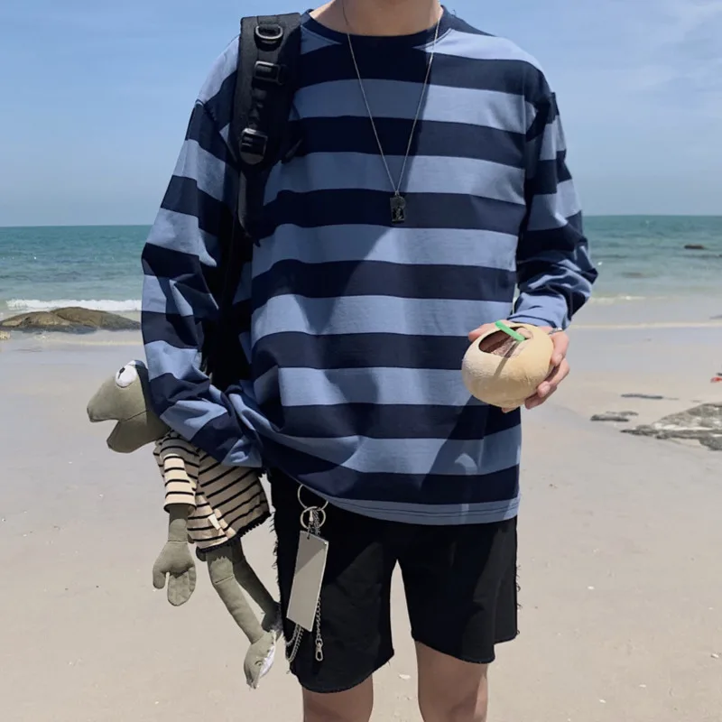 Футболка в полоску с длинными рукавами стиле хип-хоп для пары Корейском уличная