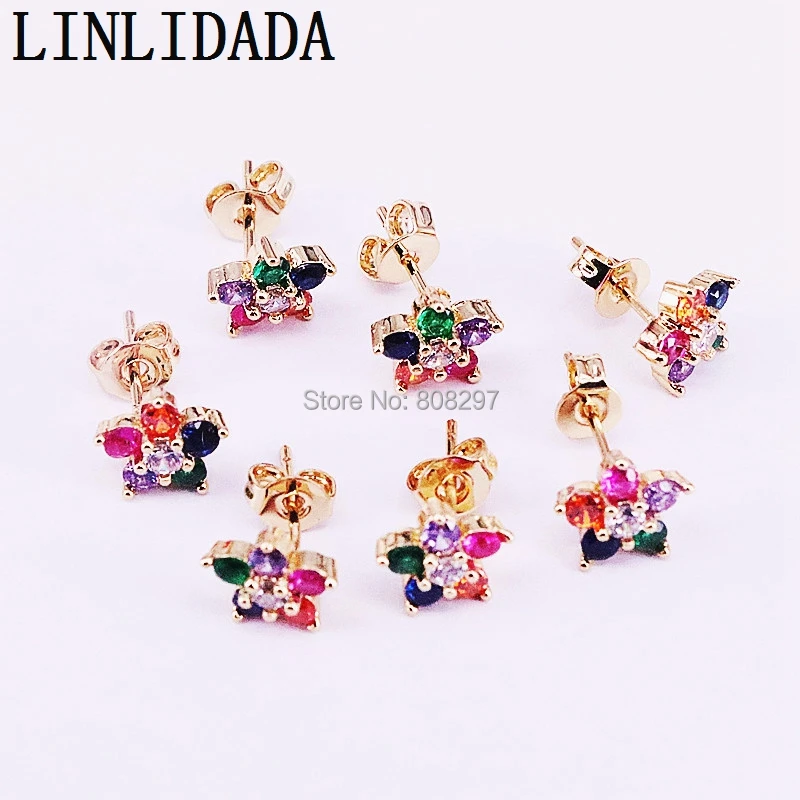 

10Pairs Gold Color Paved Rainbow Cubic Zirconia Flower Stud Earrings Women Trendy Shiny CZ Earrings