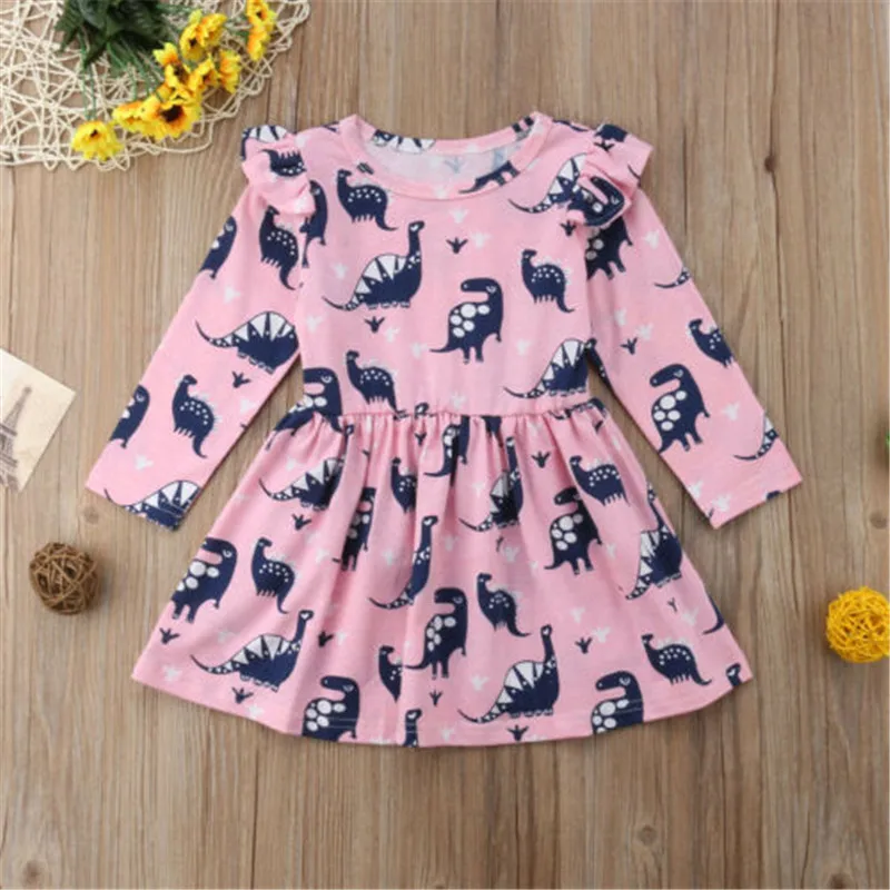 2-6 Years Baby Girls Dress Long Sleeve Pink Cute Animal Dinosaur Party Princess Dresses For Clothes | Детская одежда и обувь