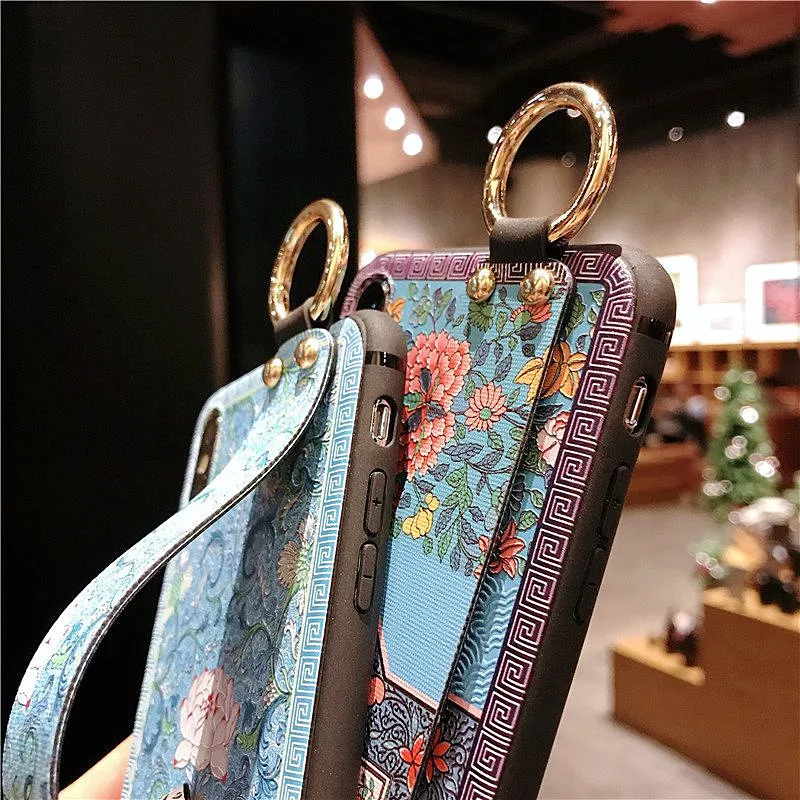 Flowers Wrist Strap Soft Tpu Phone Case For iphone 7 6 8 Plus X Xs Max Xr Flower Embroidery Pattern Cover | Мобильные телефоны и
