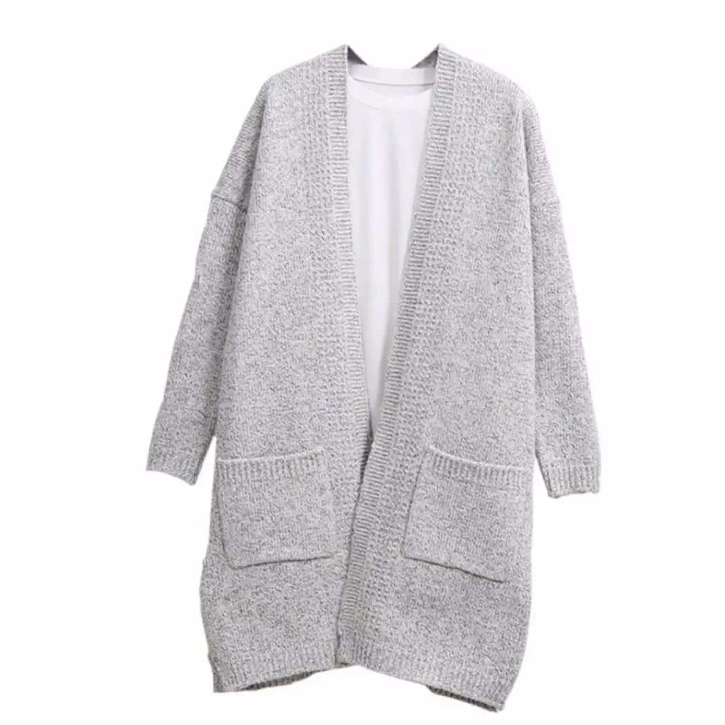 Women Fashion Casual Long Sleeve Solid Color V-Neck Autumn Spring Loose Pockets Knit Cardigan Open Front |