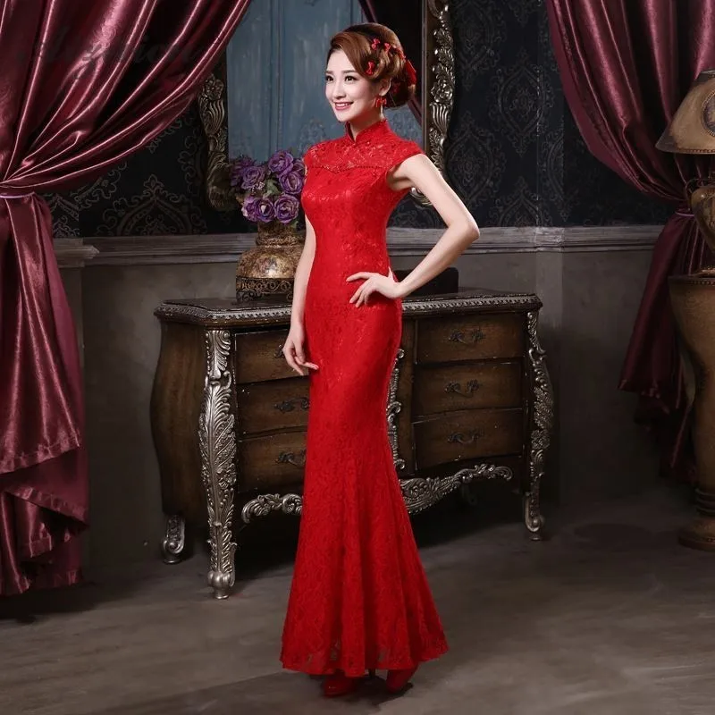 Spring Red Long Cheongsam China Bride Lace Qi Pao Women Chinese Traditional Wedding Dress Qipao Robe Orientale Evening Dresses |