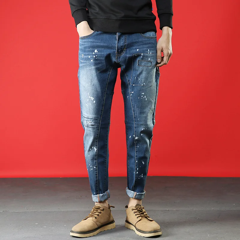 Джинсы мужские 2019 новые брендовые модные однотонные облегающие брюки в стиле